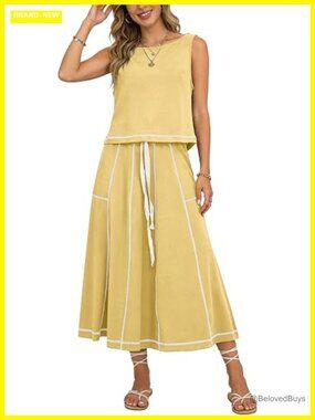 2 Piece Skirt Set Sleeveless Top Drawstring Midi Skirt